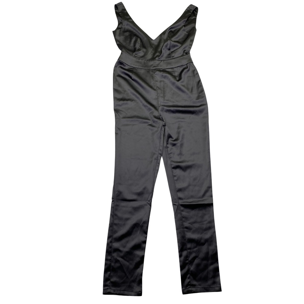 Lyn Around Black Satin V-Neck Jumpsuit Sleeveless Slim Leg Evening Wear Size XS